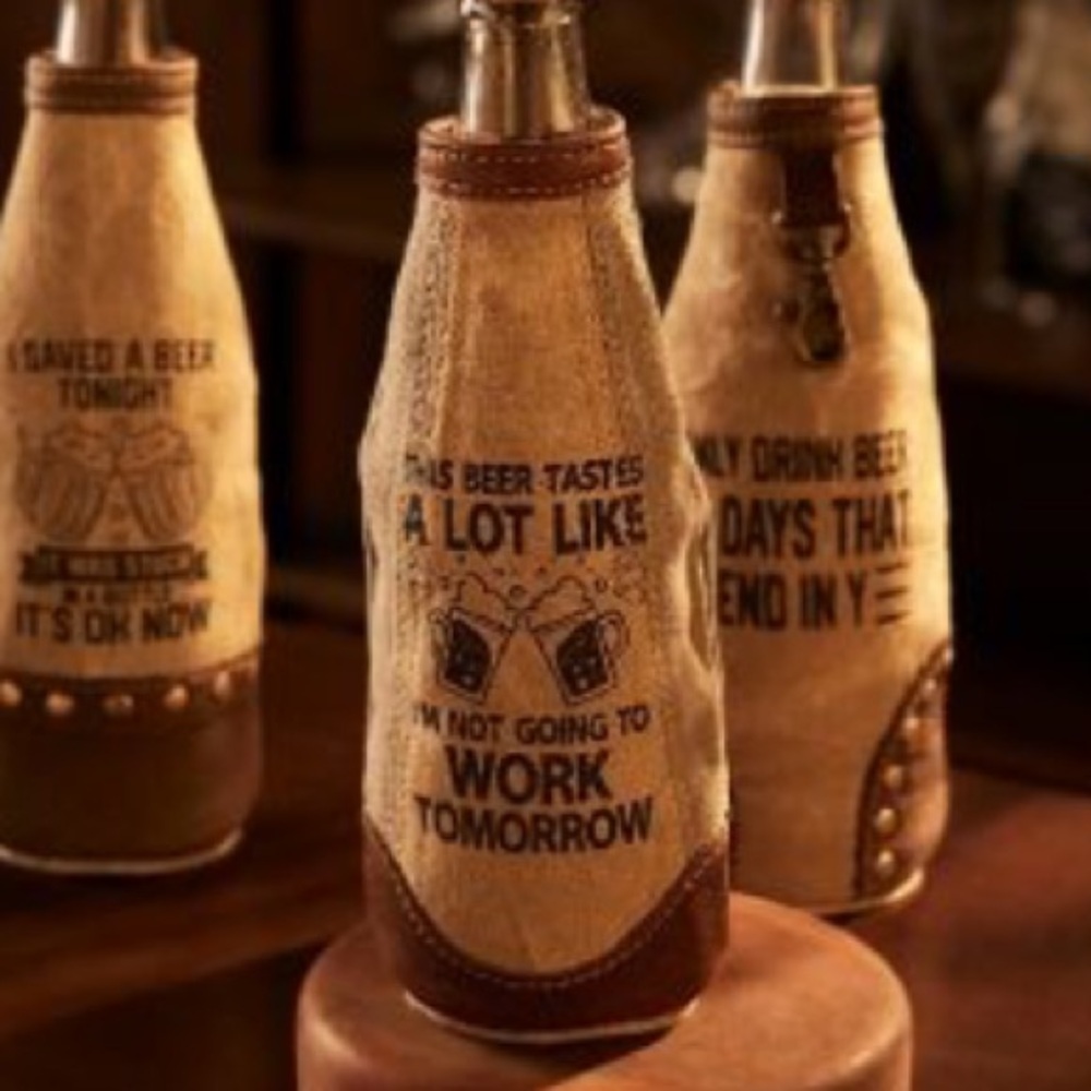 Myra “not going to work tomorrow” beer bottle koozie, canvas